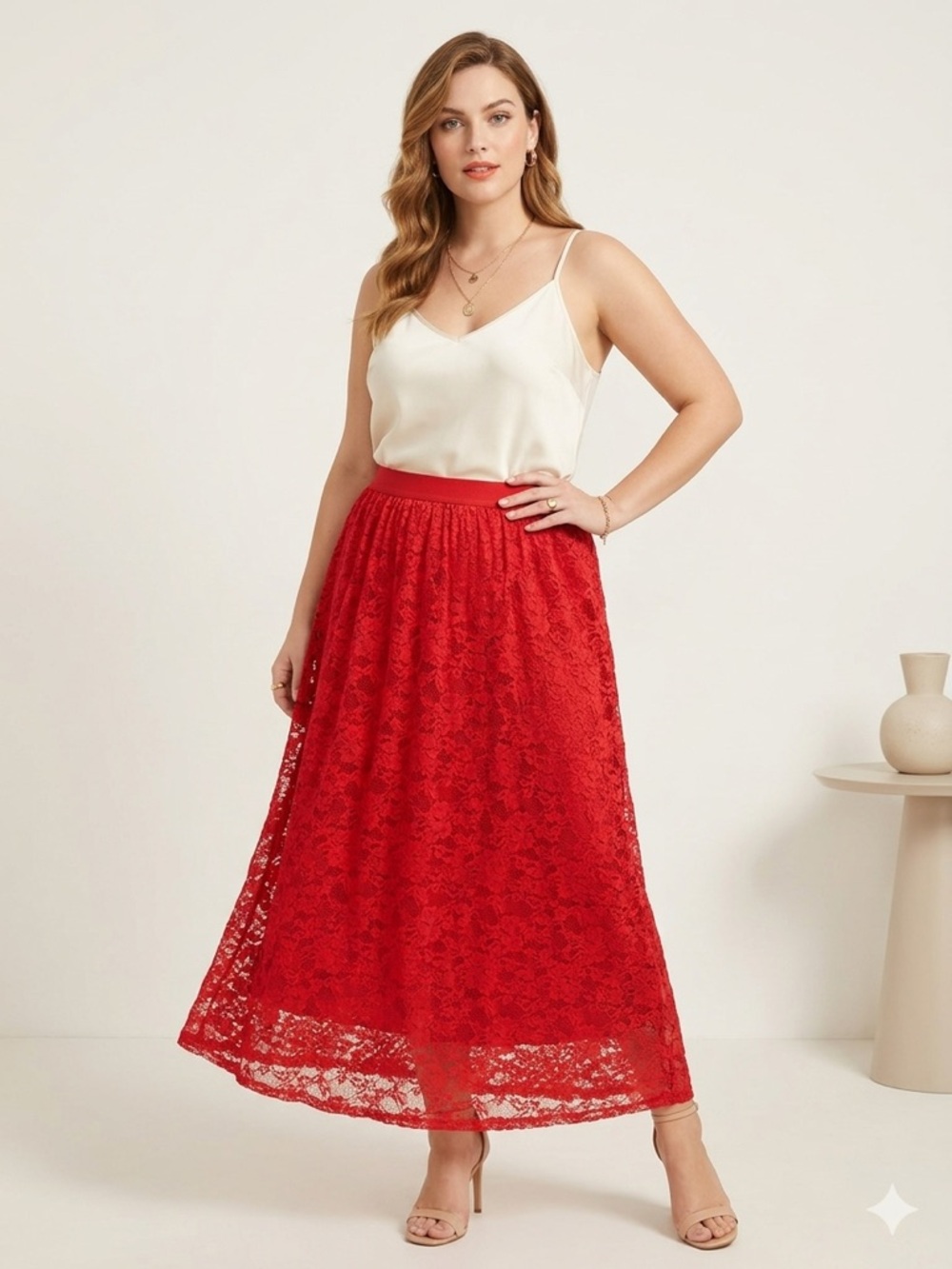 Laffaire Red Elastic Waist Midi Skirt Flowy A-Line Cottagecore Summer LARGE